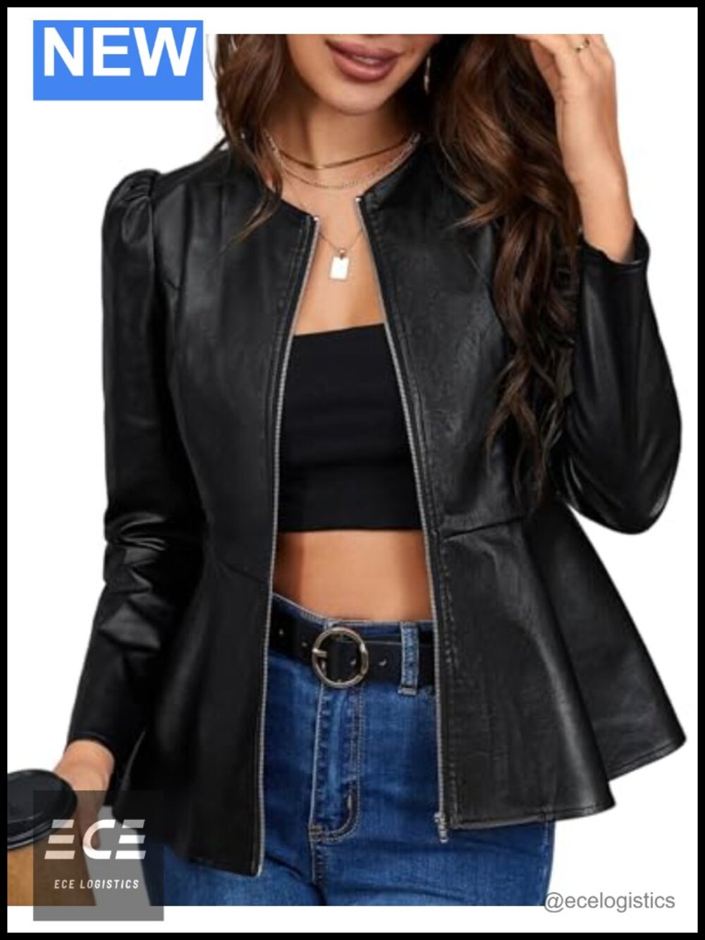 Kedera Faux Leather Jacket Zip Up Puff Sleeve Peplum Coat Long Sleeve Crop